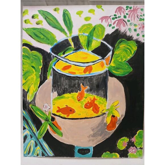 Oil Paiting On Canvas Matisse Inspired Gold Fish Bowl 20 x 16 Coffee Shop Artist